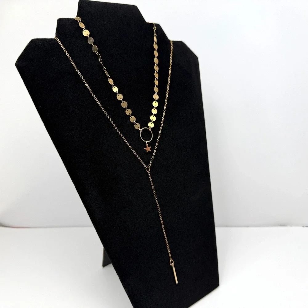 Layered Pendant Charm Necklace Y2K Gold Tone Dainty Fashion Jewelry 13 in L
